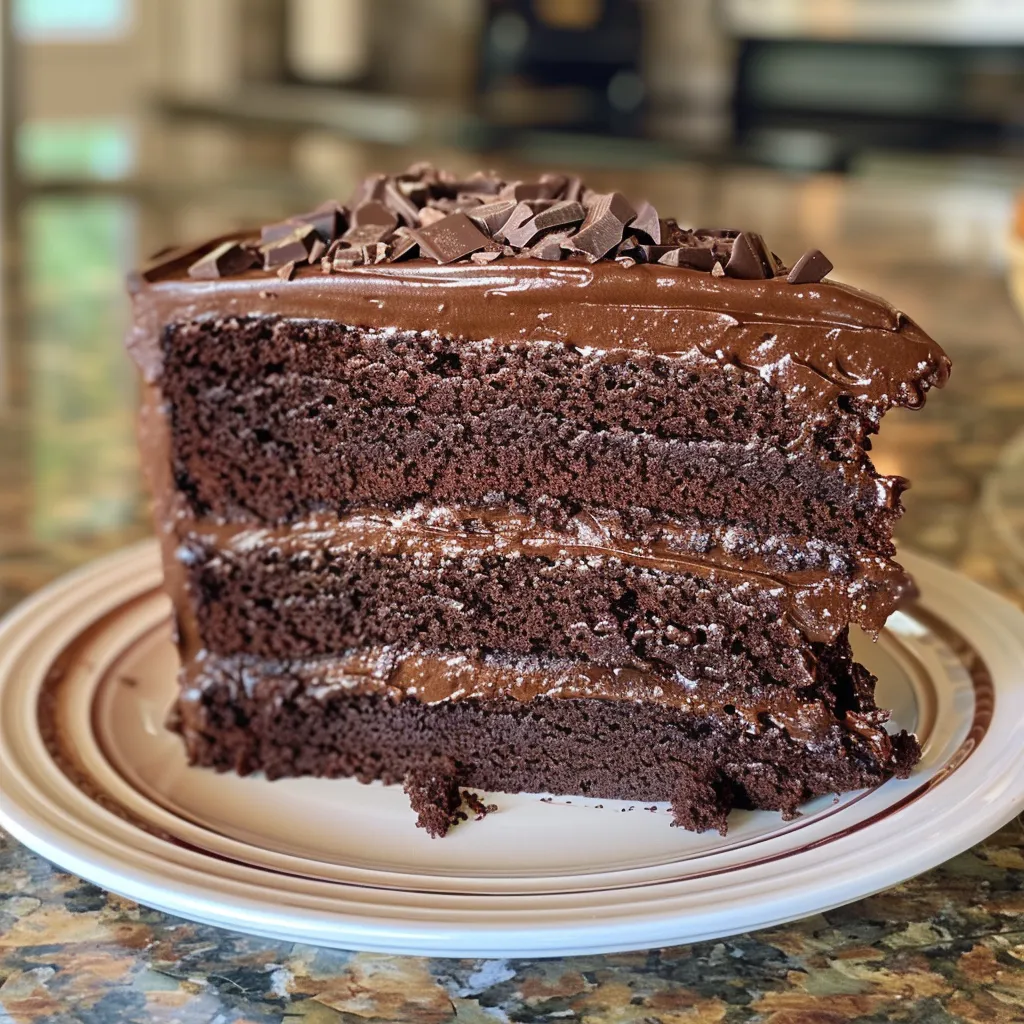 Close-up of a moist chocolate cake slice revealing luscious ganache drips and rich texture.