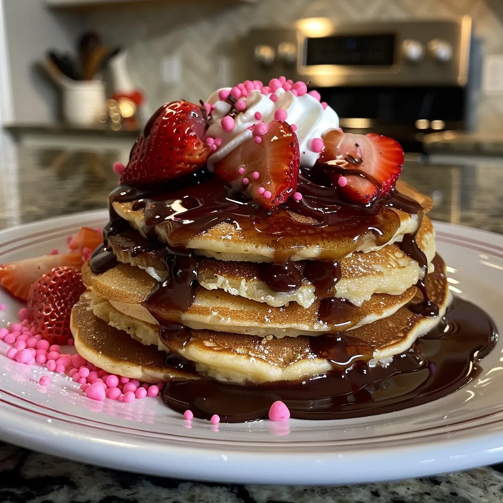 A side view of a festive breakfast plate decorated with whipped cream and chocolate.