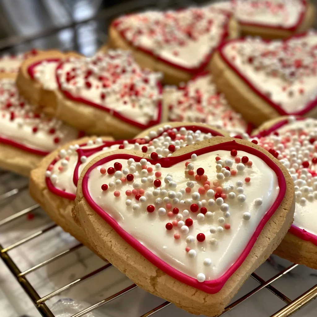 Juicy and delicious Valentine's Day sugar cookies in heart and circular shapes, beautifully adorned.
