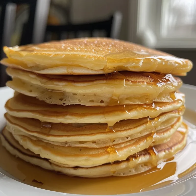 Fluffy vanilla pancakes with a golden-brown surface and butter on top.