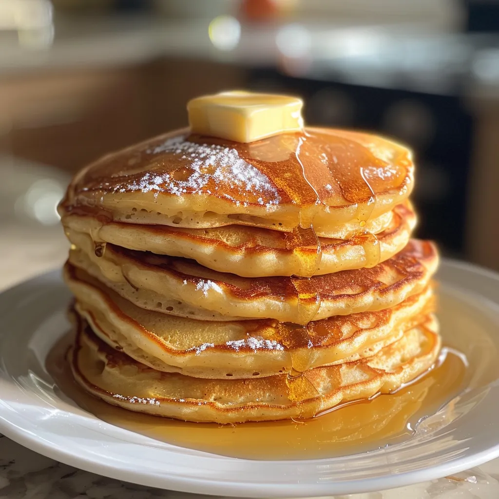 A plate of warm vanilla pancakes garnished with syrup and a dollop of whipped cream.