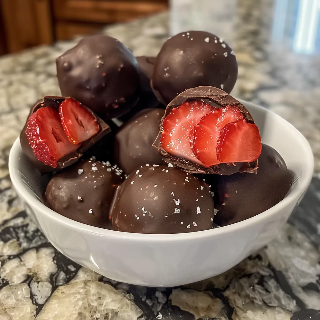 Close view of luxurious strawberry dark chocolate truffles, emphasizing their creamy appearance and inviting color.
