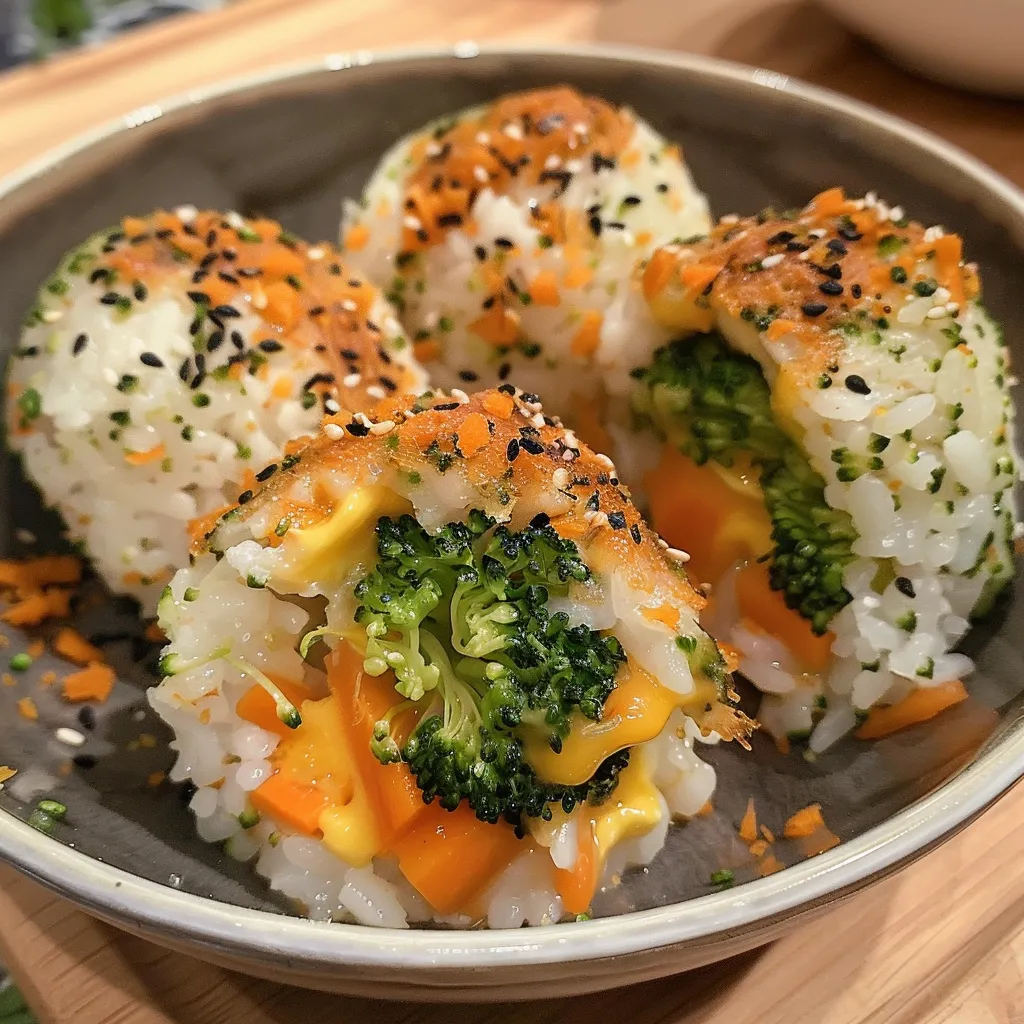 A detailed shot of veggie rice balls, revealing the blend of white cheddar cheese and vegetables within.