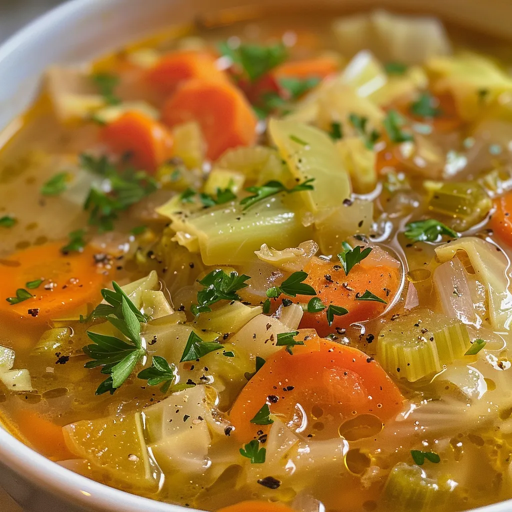 A detailed view of a bowl of cabbage soup featuring fresh ingredients like garlic and ginger.