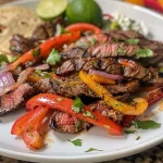 Flavorful mixture of steak, onions, and peppers garnished with lime slices.