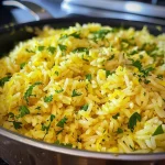 Fluffy Lemon Rice mixed with turmeric and lemon zest in a colorful presentation.