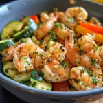 Detailed view of shrimp cooked with garlic, zucchini slices, and diced bell peppers in a bowl.