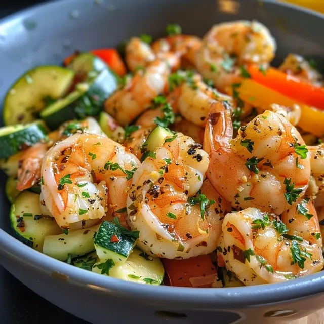 Elevate Your Dinner Game: The Ultimate Lemon Garlic Shrimp Bowl Detailed view of shrimp cooked with garlic, zucchini slices, and diced bell peppers in a bowl.