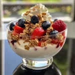 A creamy Greek Yogurt Parfait featuring vibrant strawberries, blueberries, and granola.