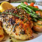 Side perspective of golden-brown chicken with asparagus, carrots, and peas.