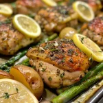 Side view of a sheet pan filled with roasted chicken and vibrant vegetables, showcasing their textures.