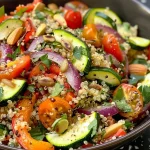 Side view of a nutritious power bowl filled with quinoa, beans, and assorted veggies.