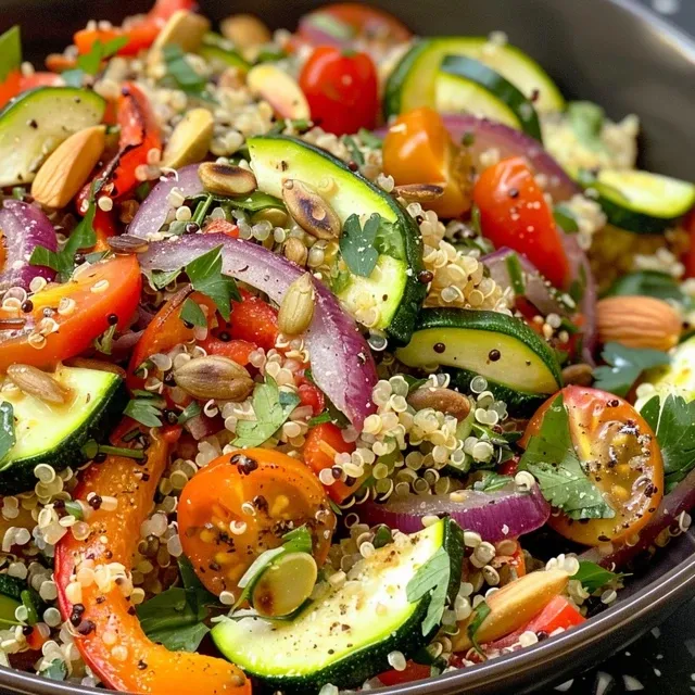Elevate Your Weeknight Meals: The Ultimate Veggie and Quinoa Power Bowl A savory Veggie and Quinoa Power Bowl with a variety of sliced vegetables and nuts.