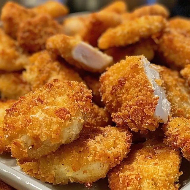 Crispy chicken nuggets, showcasing a golden-brown exterior in a vibrant setting.