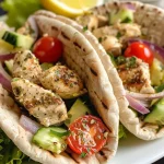 Side view of stuffed pita pockets showcasing juicy chicken and vibrant toppings.
