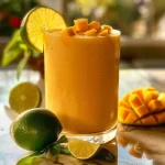 Thick and vibrant yellow smoothie made with mango and coconut milk in a glass.
