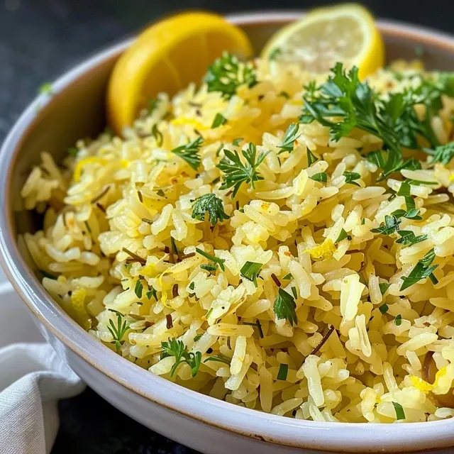 A side view of Lemon Rice highlighting its bright yellow color and fresh ingredients.