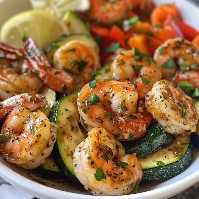 Juicy shrimp bowl with a mix of vibrant vegetables and a lemony garnish.