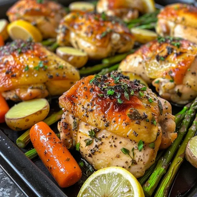Delicious Easy Lemon Herb Chicken on a pan with a mix of fresh spring vegetables.