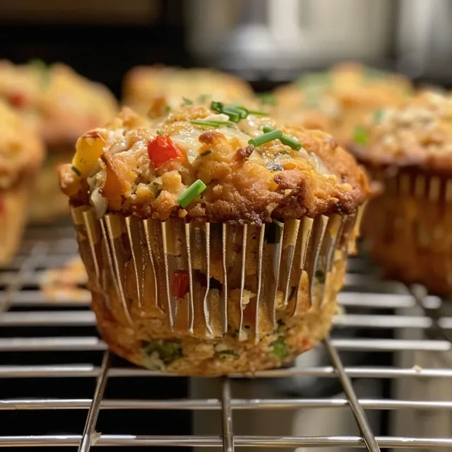 Appetizing muffins made with mixed vegetables and a hint of vegan cheese, presented from the side.