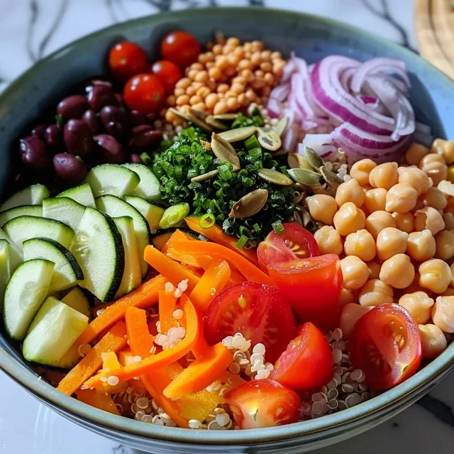 A side view of a nutritious Veggie and Quinoa Power Bowl showcasing its colorful ingredients.