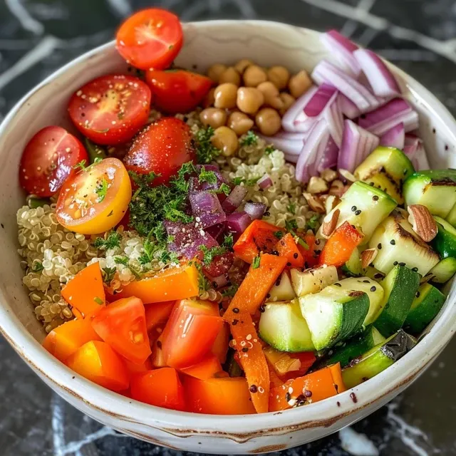 A fresh Veggie Quinoa Power Bowl displaying an array of veggies and quinoa garnished with pumpkin seeds.