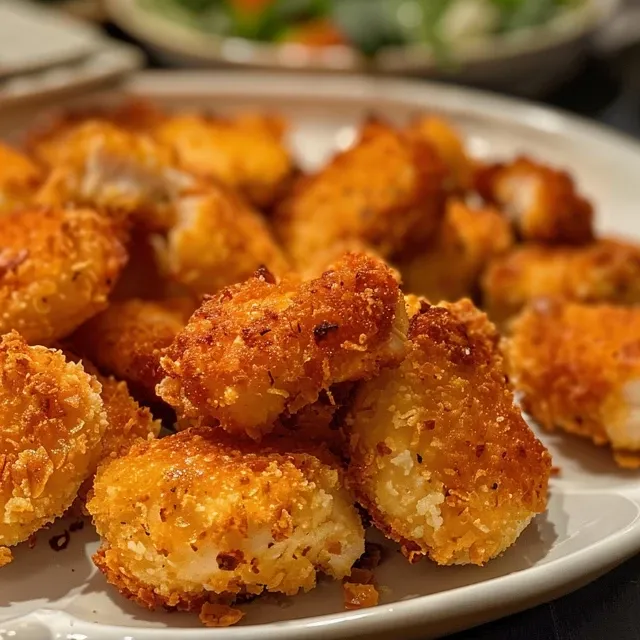 Side perspective of delicious chicken nuggets, highlighting their crunchiness.