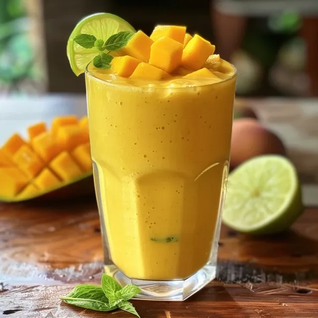 Delicious mango coconut smoothie in a clear glass, showcasing its rich texture.