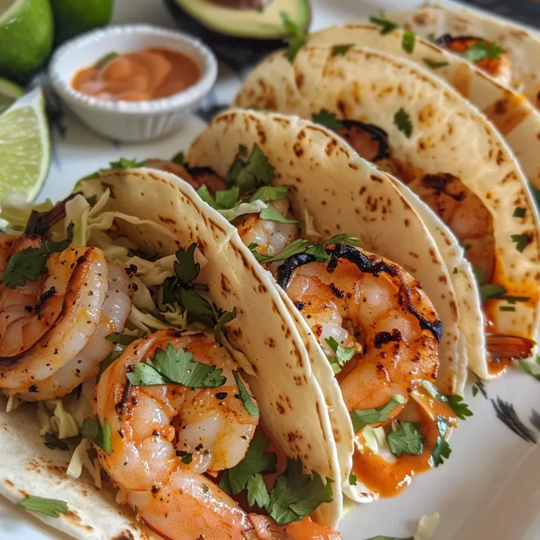 Deliciously assembled shrimp tacos garnished with cilantro and lime.