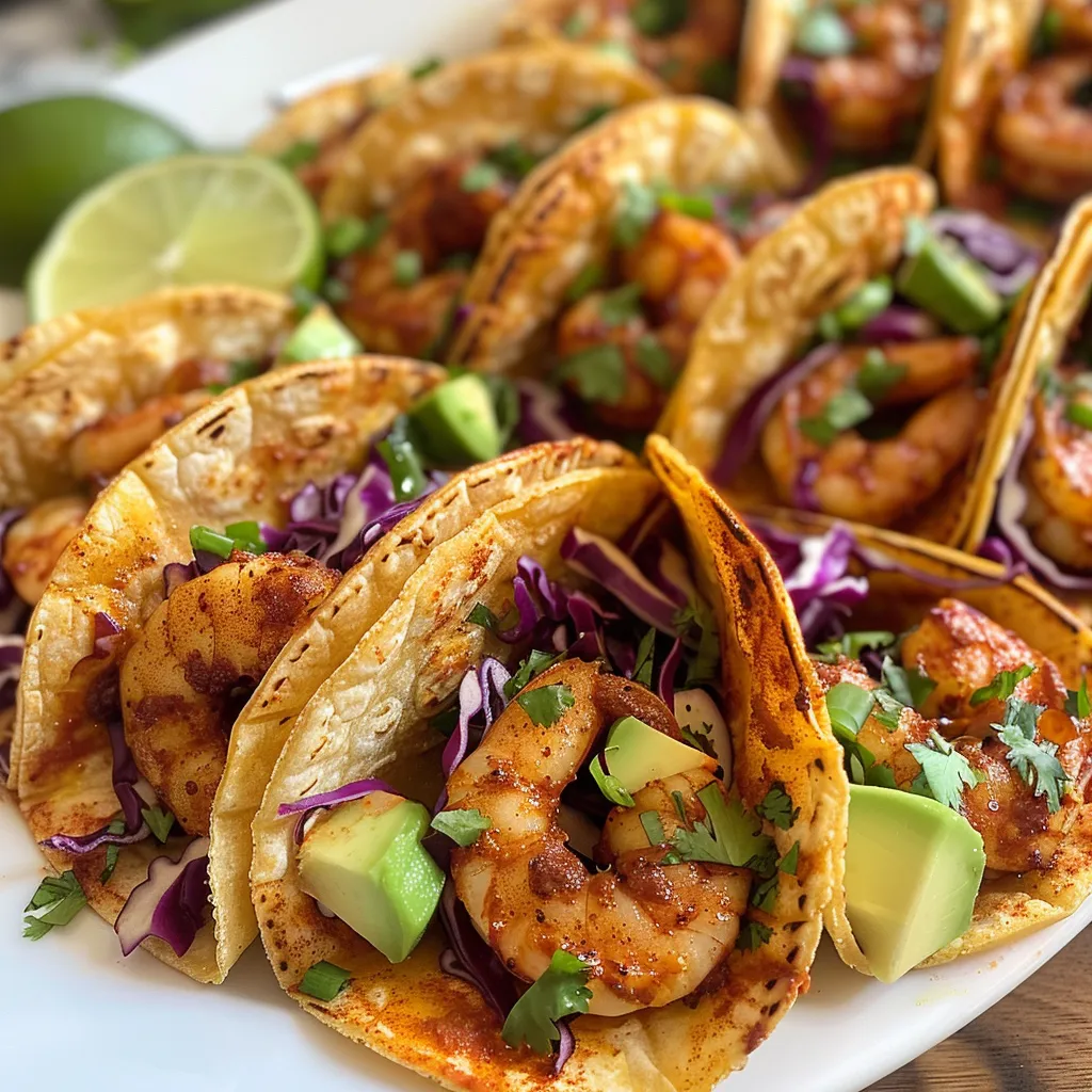 Side view of shrimp tacos showcasing a mix of vibrant toppings and tortillas.