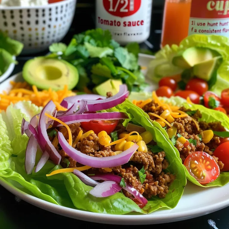 A side view of filled lettuce wraps featuring ground turkey, vegetables, and toppings.