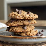 Juicy, chewy banana oatmeal cookies with chocolate chips, angled for detail.