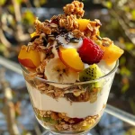 Juicy fruit yogurt parfait showcasing vivid layers of yogurt, fruit, and granola.