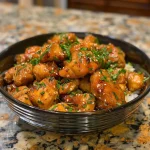 Colorful plate featuring air fryer honey garlic chicken garnished with herbs.
