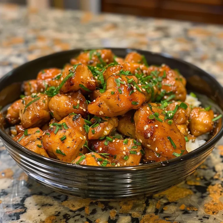 Colorful plate featuring air fryer honey garlic chicken garnished with herbs.