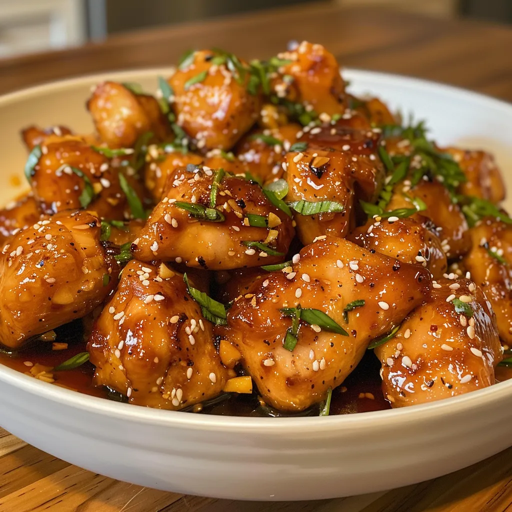 Delicious chunks of chicken coated in a glossy honey garlic glaze.