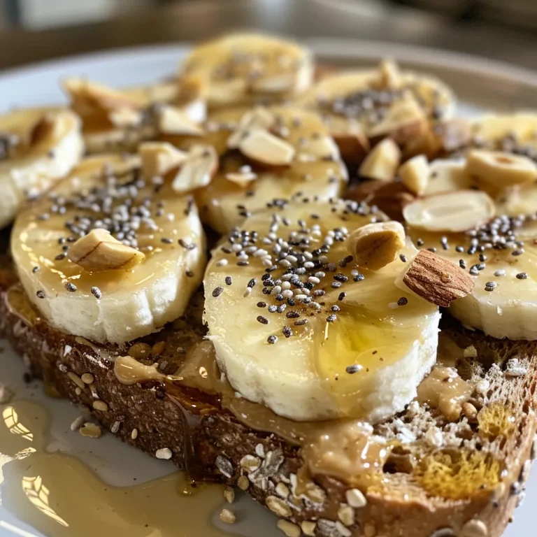 Delicious banana toast with almond butter, honey drizzle, and crushed nuts.