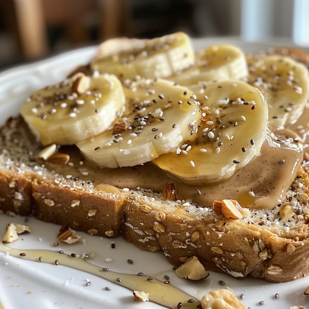 Tasty breakfast toast featuring banana, almond butter, and a sprinkle of cinnamon.