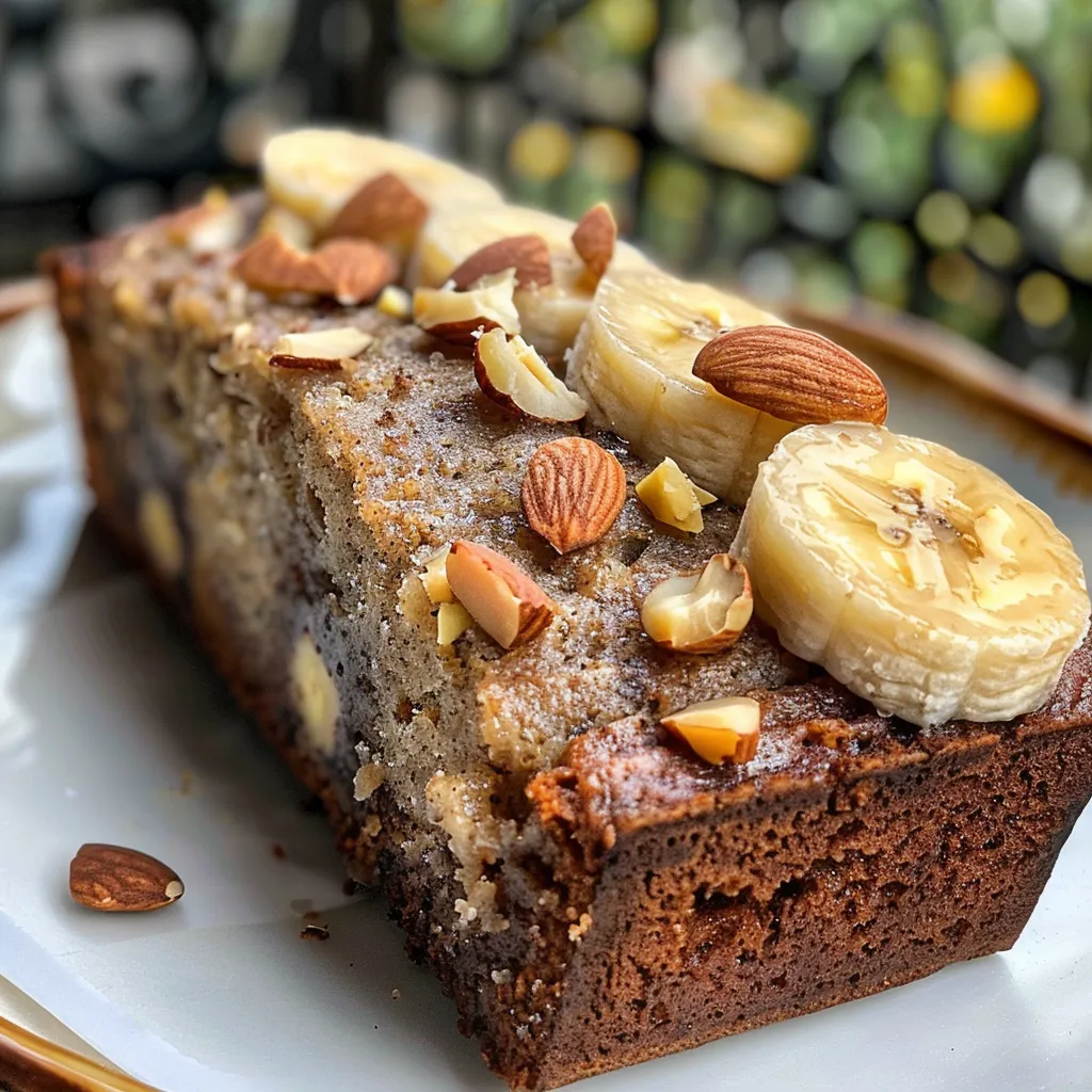 Almond flour banana bread on a cutting board, revealing its rich color and ingredients.