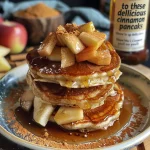 Mouthwatering apple and cinnamon pancakes with diced apples on top.