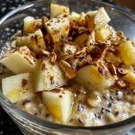 Detailed photo of Apple Cinnamon Overnight Oats topped with apple pieces and chia seeds.