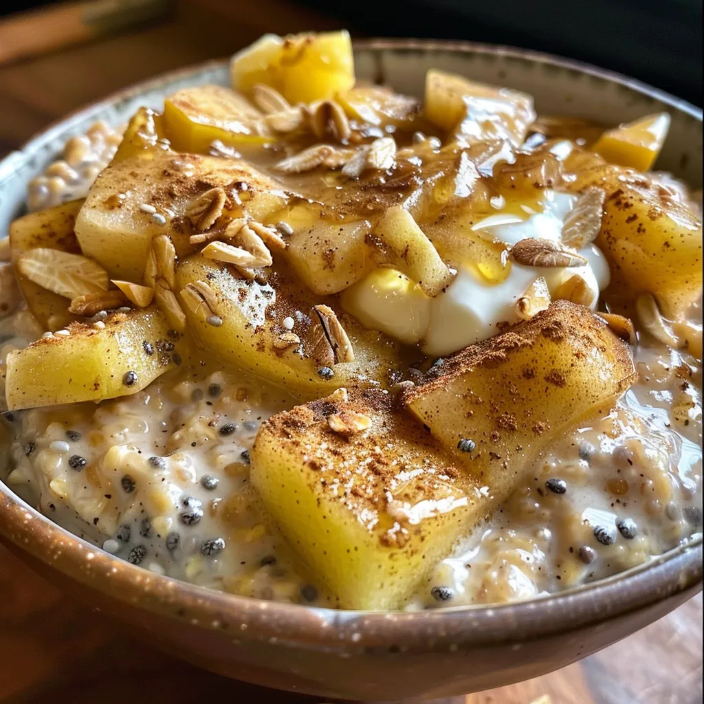 Image of a glass of Apple Cinnamon Overnight Oats prepared with Greek yogurt and honey, against a neutral background.