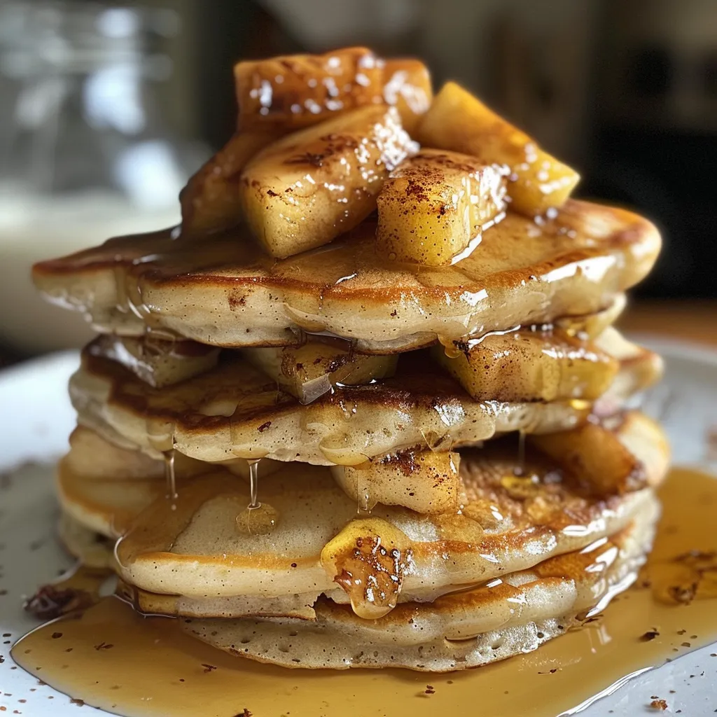 Juicy apple cinnamon pancakes on a plate with a rich golden hue and apple chunks.