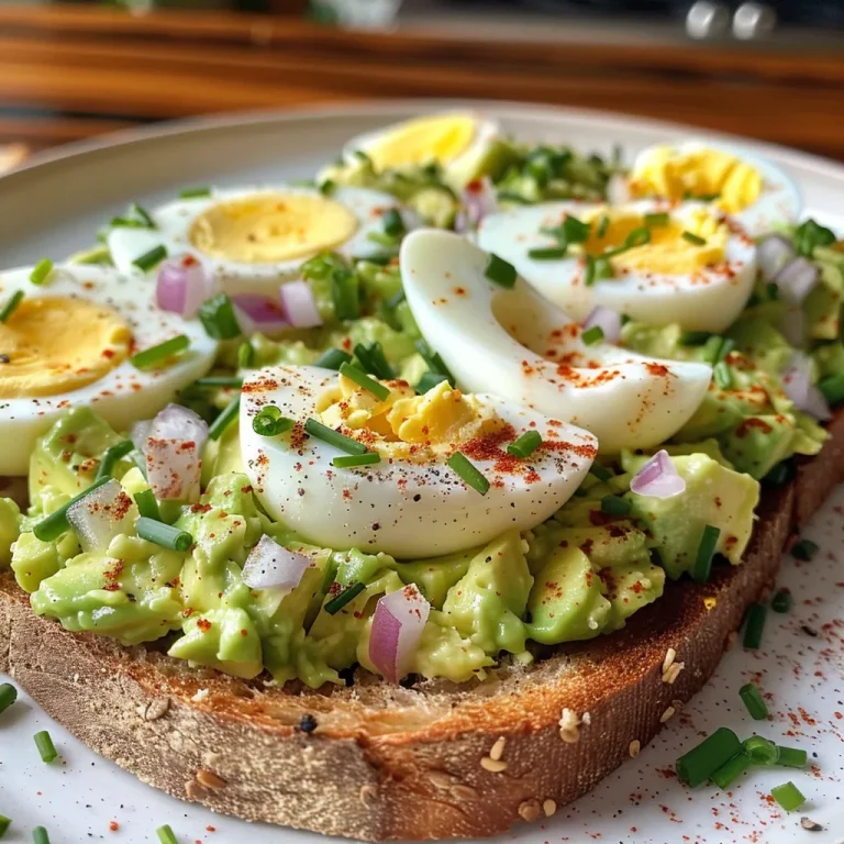 Juicy avocado egg salad toast garnished with fresh herbs and paprika.