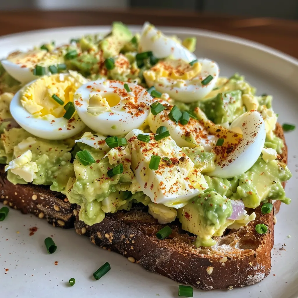 Whole-grain toast with a vibrant avocado egg salad and red onion bits.