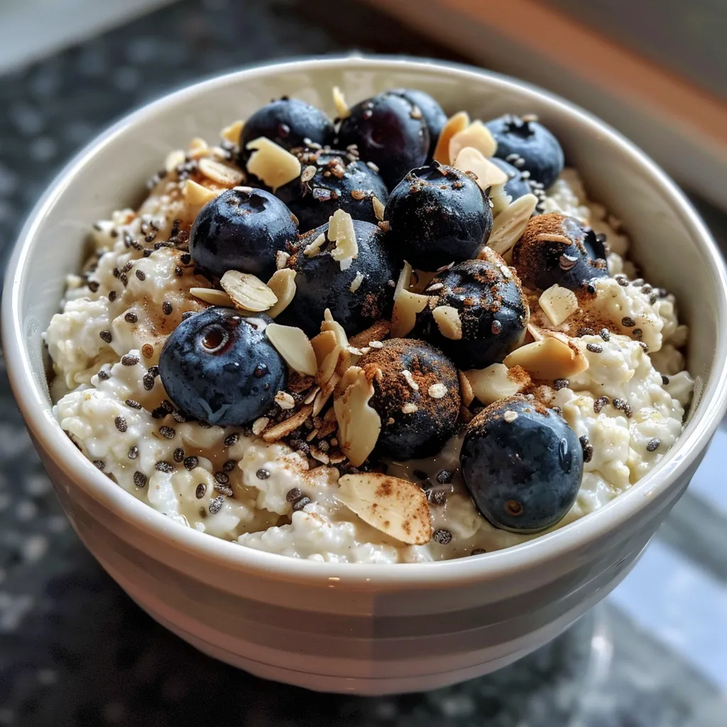 Textured side profile of a healthy breakfast bowl made with cottage cheese, blueberries, and honey.
