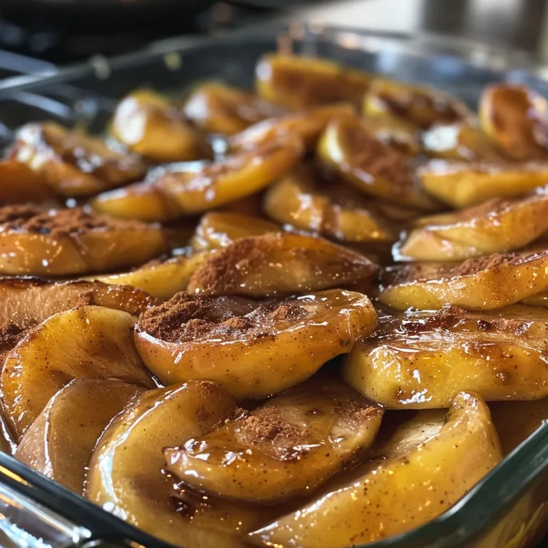 Side view of warm baked apples, glistening with buttery brown sugar glaze.