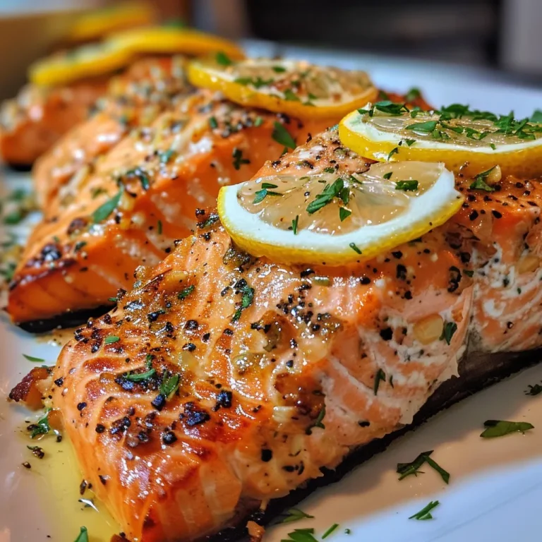 Side view of delicious salmon topped with fresh lemon and herbs, ready to serve.