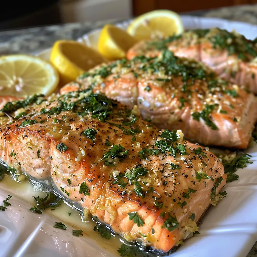Succulent salmon fillets drizzled with melted butter and lemon, ready to serve.