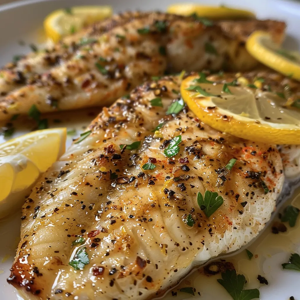 Deliciously baked tilapia fillets topped with garlic and lemon, presented artistically.